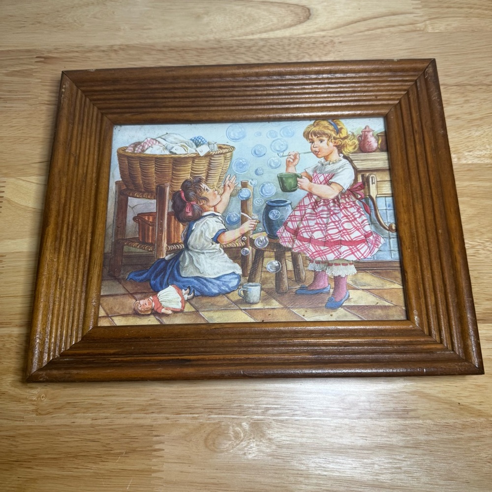 VTG John Kent Framed Art Girls Blowing Bubbles Victorian Style Decor Nursery